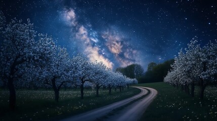 Naklejka premium A serene night landscape featuring a starry sky with the Milky Way over a blooming orchard and a country road : Generative AI