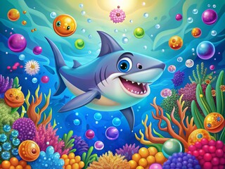 Fototapeta premium Vibrant, playful cartoon shark swims amidst colorful ocean bubbles, surrounded by stylized seaweed and coral, with a fun, dynamic design perfect for kids' products and digital media.