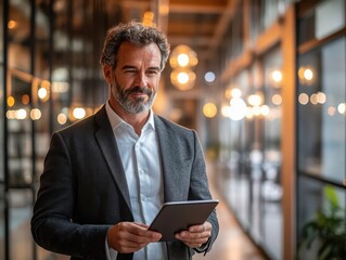 Fototapeta premium Business consultant presenting data on a sleek tablet, engaging with clients in a modern, glass-walled office, professional yet approachable ambiance.