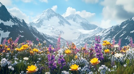 Fototapeta premium Fresh flowers in front of a snowcoated mountain : Generative AI