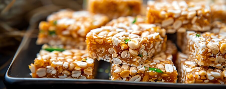 Salty Indian peanut chikki bars, vibrant festival background Crunchy and sweetsalty, traditional treat, colorful and festive, Indian candy
