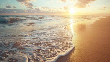 Foamy Waves Meeting Sandy Beach at Sunset