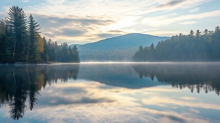 Fototapeta premium Sunrise at Mirror Lake in Lake Placid New York : Generative AI