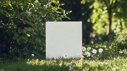 White canvas on the natural background with flowers Sunny day in the park  Free space for your design : Generative AI