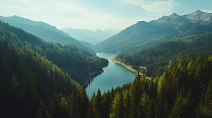 Obraz premium Lake Between Forests And Mountains : Generative AI