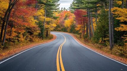 Naklejka premium Winding Asphalt Road Through Autumnal Forest