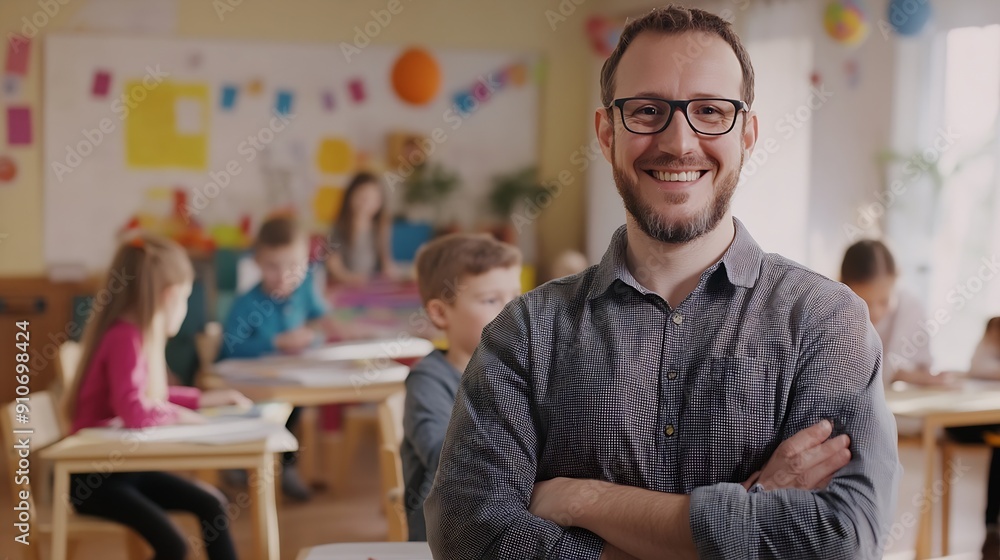Poster happy elementary school teacher standing in a classroom with children working at their desks in the 