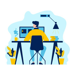 Flat Design Illustration of Man Entrepreneur Working with Computer at Office