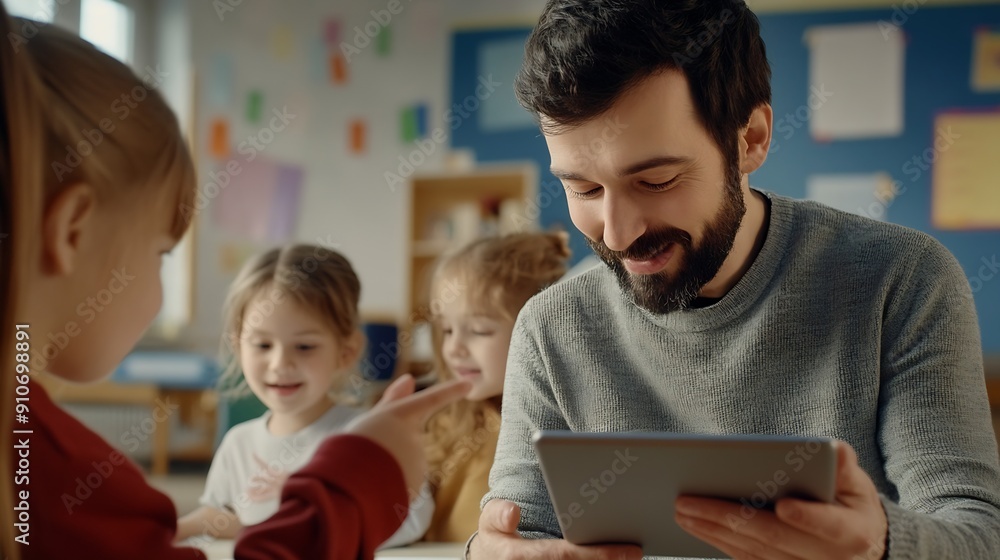 Poster Coding and digital literacy in elementary school Teacher gives a lesson using a digital tablet in a primary school class Man teaching young children using technology : Generative AI