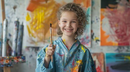 Young Artist in Colorful Smock with Paintbrush in Creative Art Studio Setting