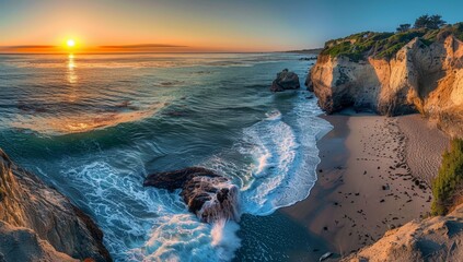 Sunset Over a Rocky Coastline with Foamy Waves Crashing on a Sandy Beach