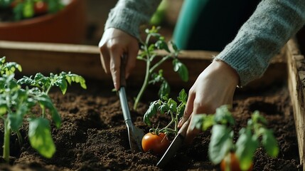 Fototapeta premium Close up of woman working with tomato plants in soil in raised beds using gardening tools : Generative AI