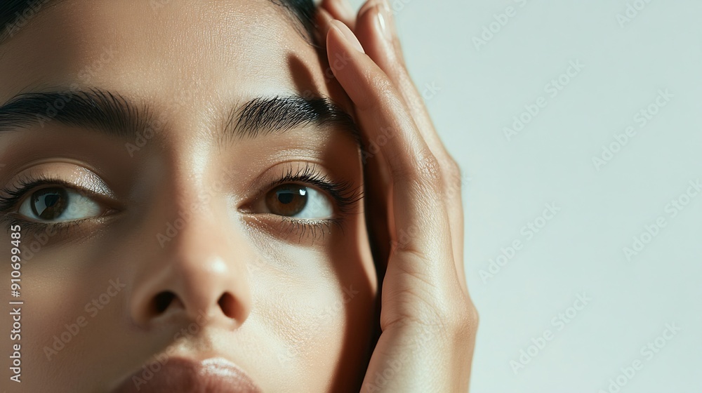 Wall mural Skincare hands and portrait in studio with Indian woman natural beauty and skin glow on gray background Dermatology salon and face touch with cosmetics for clean spa treatment and well : Generative AI