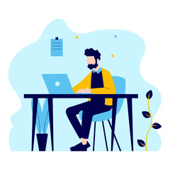 Flat Design Illustration of Man Entrepreneur Working with Laptop at Office