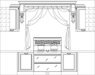 Vector sketch illustration of silhouette image of architectural engineering design of interior room with furniture and large columns