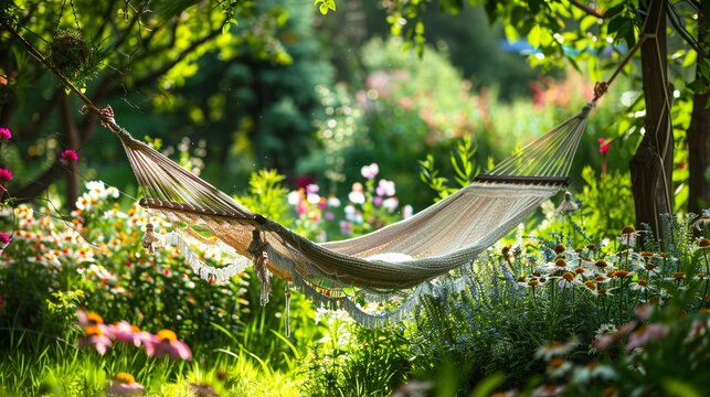 A hammock swaying gently in a breezy, flower-filled garden, embodying relaxation