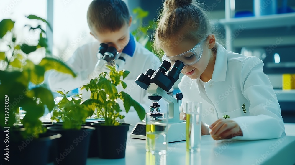 Aufkleber students teacher and school with microscope for plants on education science and environmental awaren