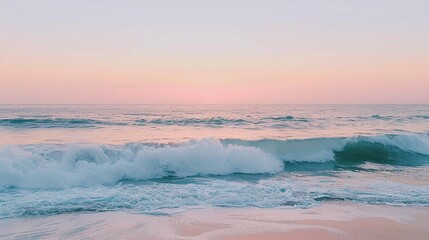 Fototapeta premium A serene beach with slow, rhythmic waves crashing under a pastel sunset