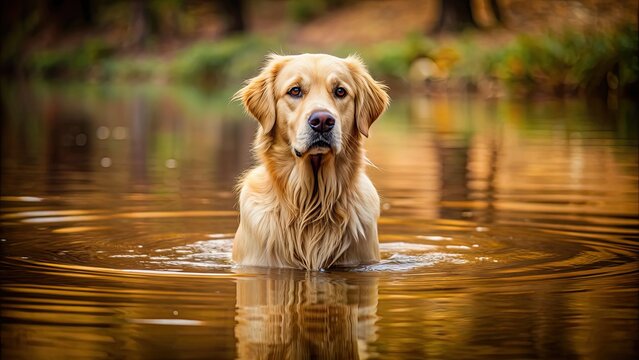 Golden retriever wading into a brown pond , dog, pet, water, pond, wildlife, nature, outdoor, animal, retriever, wet, furry