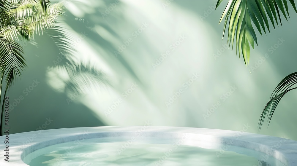Poster summer background water surface texture on green wall studio with light shadow palm leavesbackdrop p