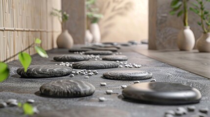 A calming spa scene with smooth stones lined in a rhythmic pattern