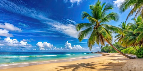 Fototapeta premium Scenic view of sandy beach with clear blue ocean water and palm trees in the background, beach, view, ocean, scenic