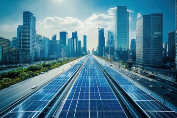 Hightech cityscape with integrated solar roads, illustrating the future of urban energy solutions