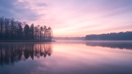 Obraz premium Calm lake water reflections forest trees panoramic sunrise sky Beautiful silence morning dawn in early spring late winter Soft bright pink purple colored sky panorama Beautiful nature : Generative AI