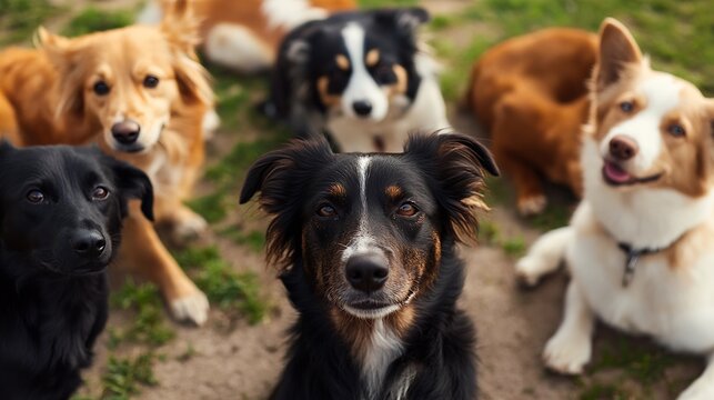 Close up shot of a group of dogs at the walk posing for a photo on a beautiful day Pets walkers service : Generative AI