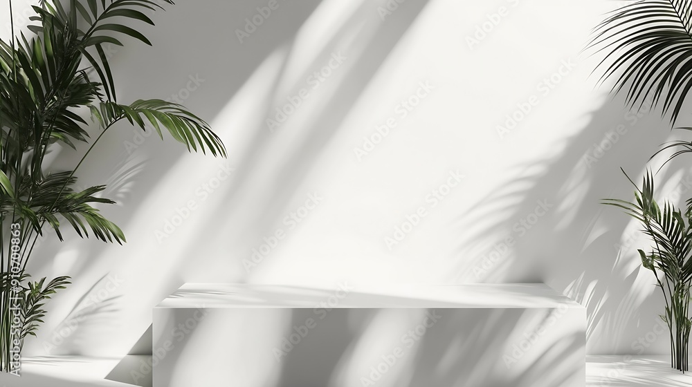 Aufkleber Minimal Empty white room studio background  Scene with natural leaves shadow forms Empty showcase for cosmetic product presentation : Generative AI