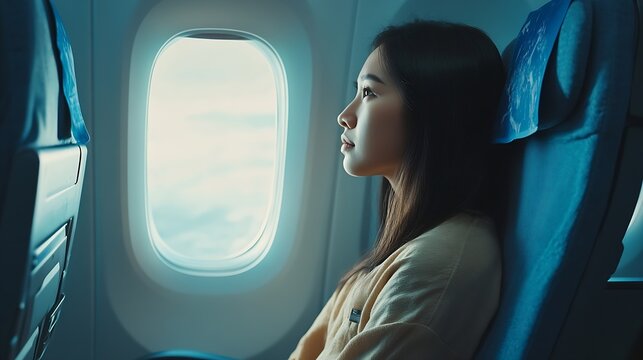 Asian woman sitting in a seat in airplane and looking out the window going on a trip vacation travel concept : Generative AI