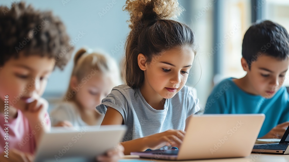 Aufkleber Group of TechSavvy Primary School Children Working on Their Laptop and Tablet Computers in Class Young Female Teacher Educating Kids on Internet Safety Basic Programming Languages and  : Generative AI