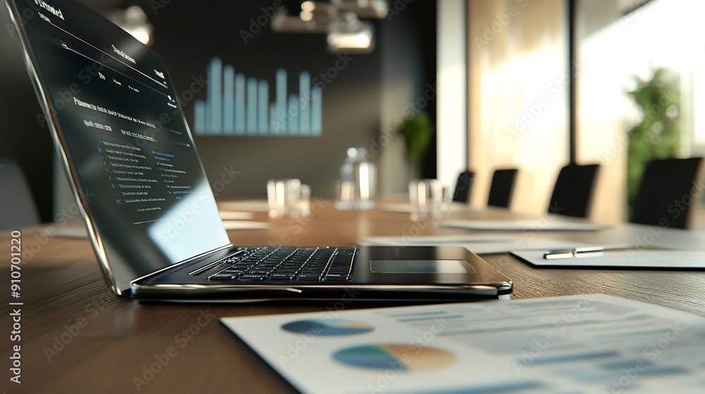 Aufkleber Mock up sales summary slide show presentation on display laptop with calculator and paperwork on table in meeting room : Generative AI