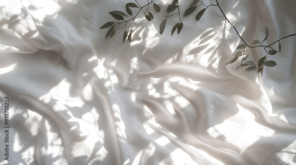 Aufkleber Shadow leaves overlay on white cotton bed sheetNatural sunlight shining through window on abstract white fabric texture background Cloth soft wave bedding on cozy bed in summer : Generative AI