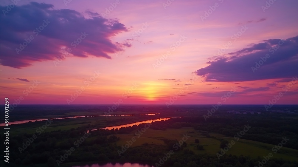 Poster ideal for sky replacement project panoramic colorful pinkorangeblue dramatic sky with clouds illumin