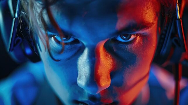 Close-up of a gamer s intense face during gameplay, focus, e-sport concentration