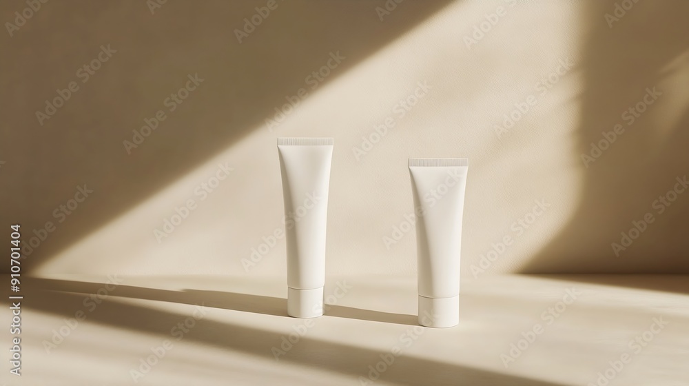 Aufkleber Two white skincare tubes are cast in soft shadows on a beige surfacecreating an elegant and minimalistic cosmetic presentation : Generative AI