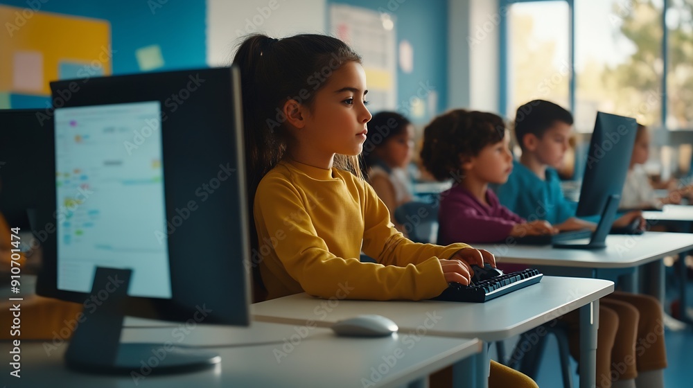 Poster elementary school children learning basic computer knowledge teacher educating smart diverse kids in