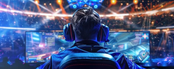 E-sport player focused in a high-energy match, game intensity, competitive edge