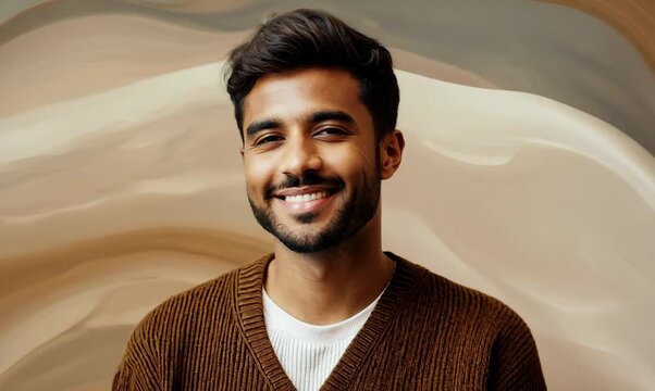 Portrait video of a satisfied Brazilian man in his 30s wearing a chic cardigan against an abstract background 