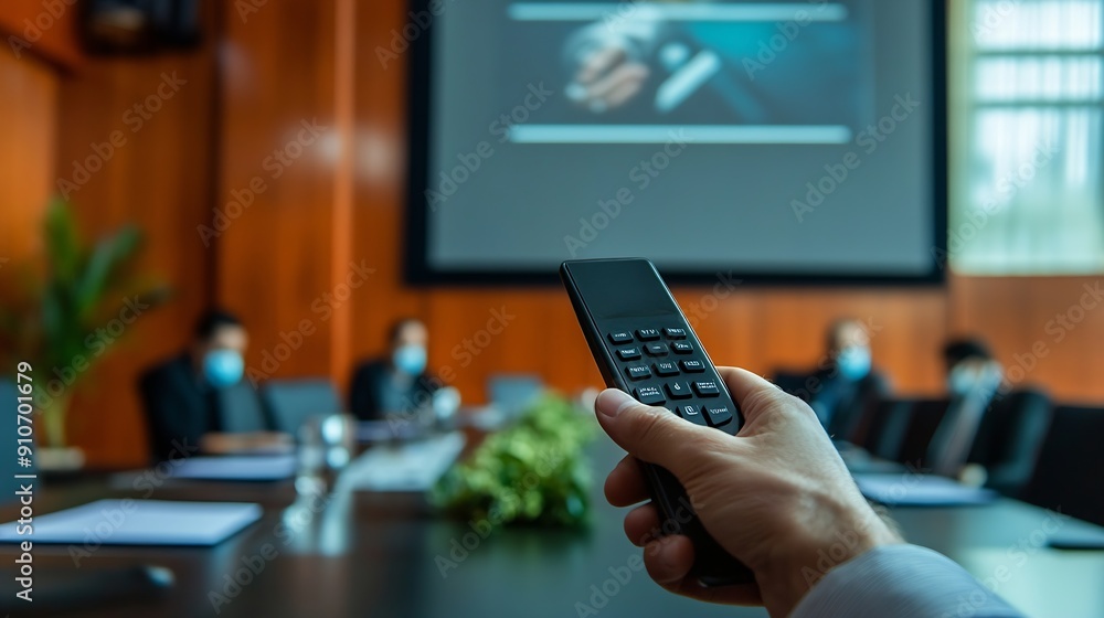 Poster close up hand holding a remote control slide presentation with presentation meeting on laptop and sr