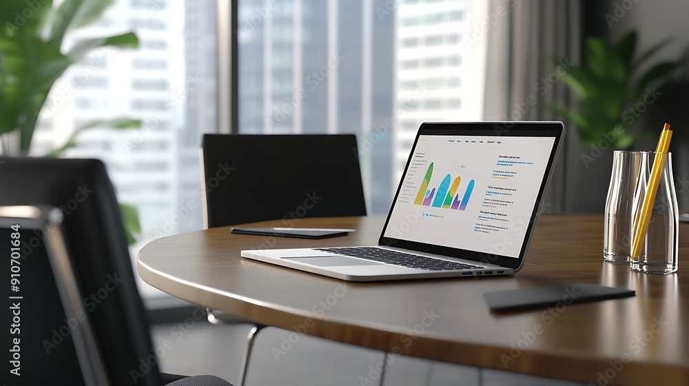 Aufkleber Mock up sales summary slide show presentation on display laptop with notebook on table in meeting room : Generative AI