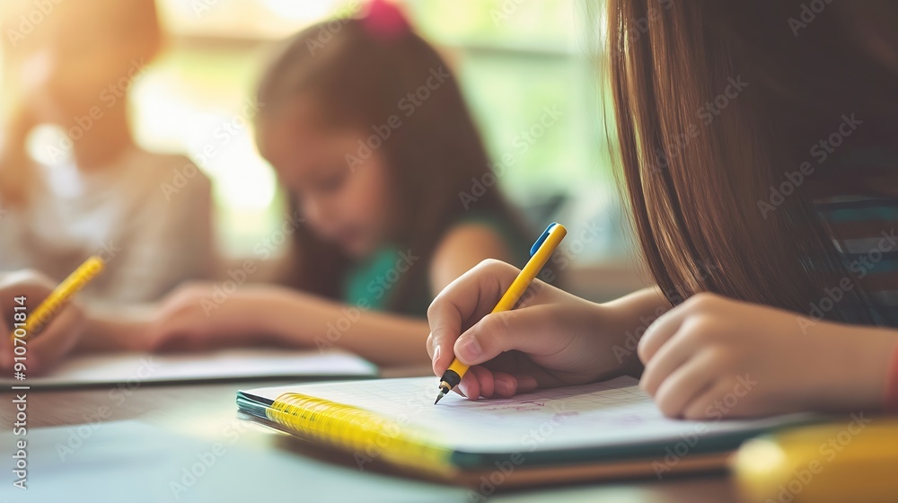 Aufkleber Teacher woman and help child writing in notebook for education study or knowledge in class Kid educator and student learning in lesson for development assistance or support at elementa : Generative AI