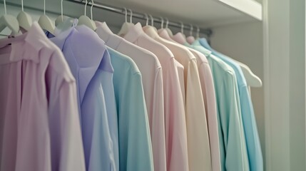 Obraz premium Indoor shot of pastel blouses shirts t shirts and sweater are hanging in wardrobe on shelf basic wardrobe for a fashionista in a fashion store : Generative AI