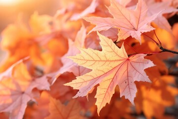 Fototapeta premium Piles of maple leaves autumn warmlight plant leaf tree.