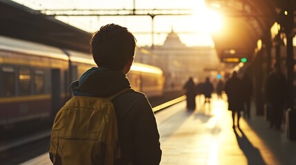 Obraz premium A boy stands with his back to the camera watching the busy scene at a train station bathed in sunset light : Generative AI
