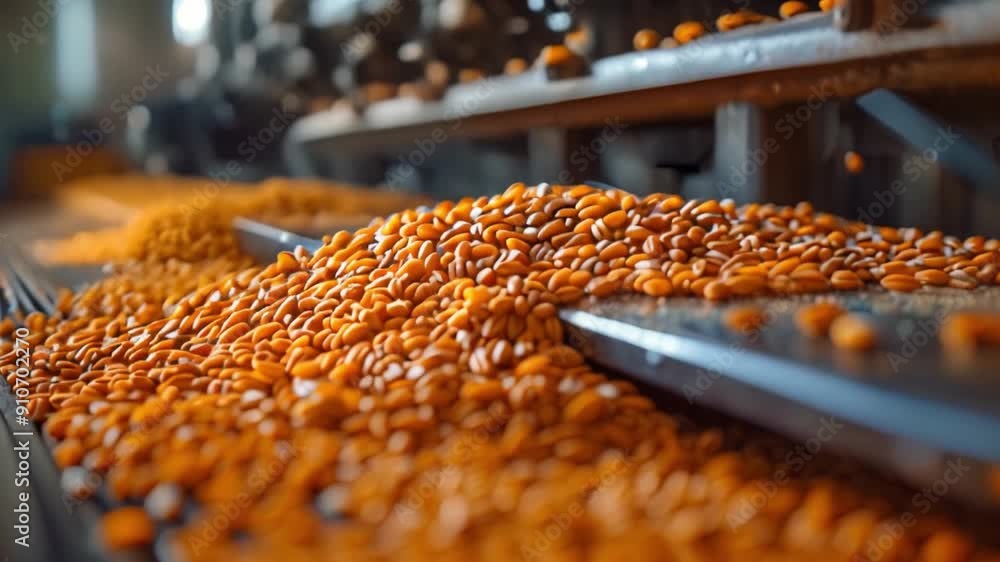 Poster This Beans lay scattered on machinery while being processed in a facility.