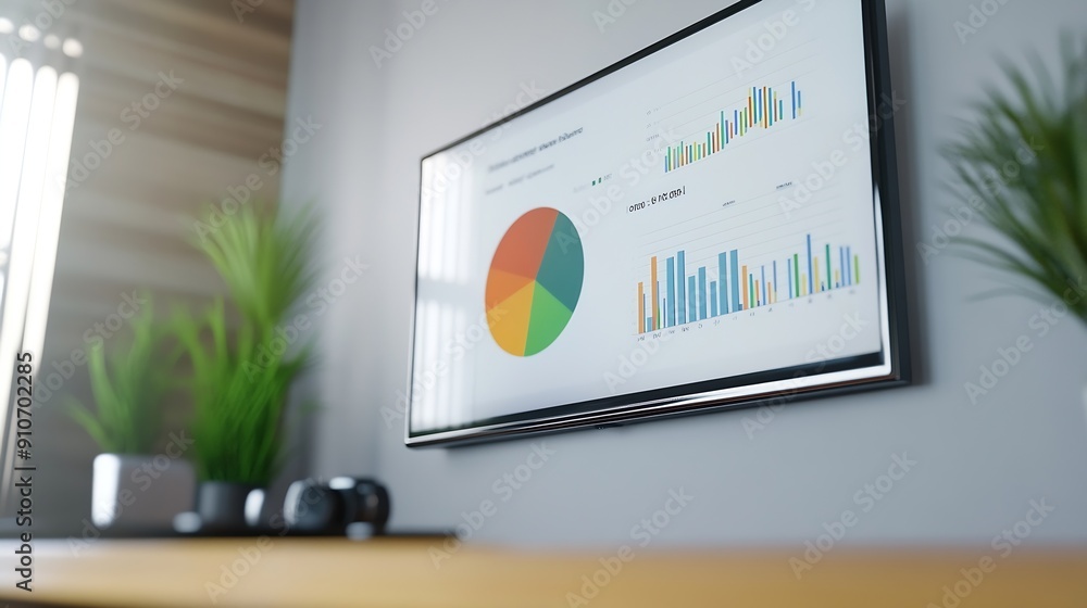 Poster mock up chart slide show presentation on display television with camera webcam in meeting room : gen