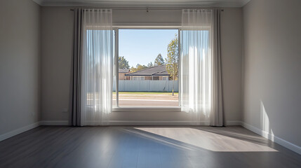 A photo of an empty room with two windows, white walls, and grey trim