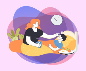 Cartoon mother taking care of child sick with flu or cold. Ill kid with fever and sore throat in bed flat vector illustration. Health, care, family concept for banner, website design or landing page